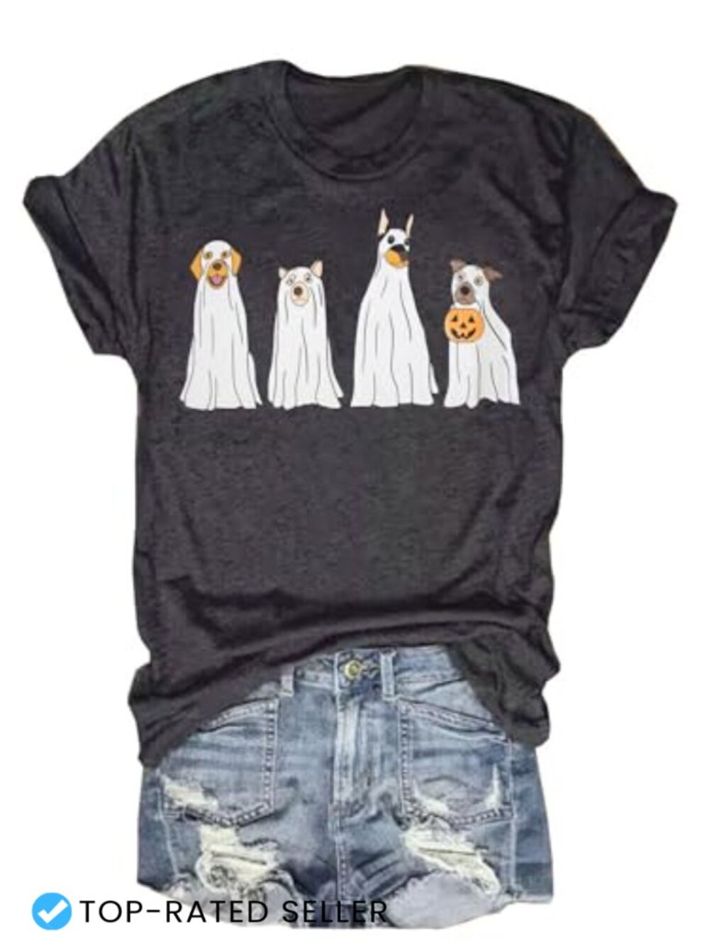 Women's Halloween Ghost Dog Graphic Cotton T-Shirt Crew Neck Short Sleeve Fall